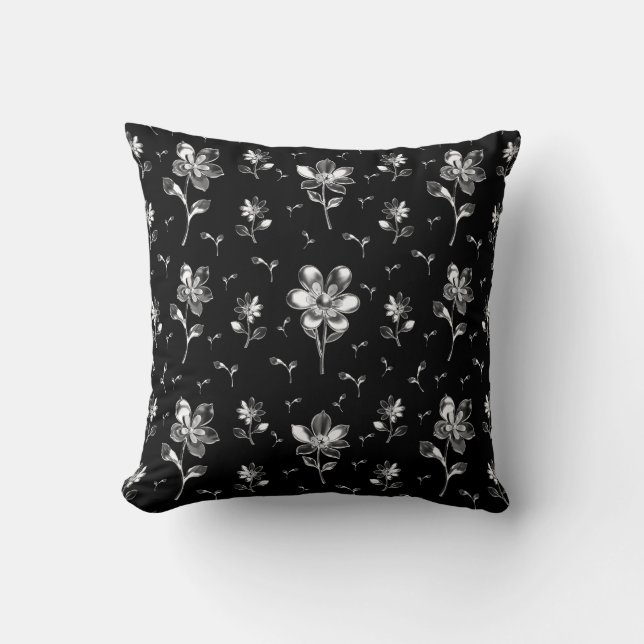 Floral Pattern Black And Silver Double Sided Throw Pillow (Front)