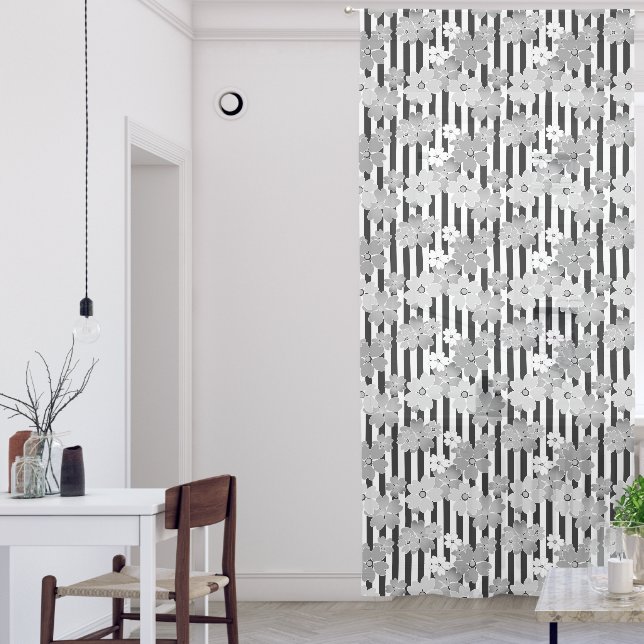 Floral pattern black and white retro striped sheer curtains (Living Room)