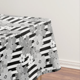 Floral pattern black and white retro striped tablecloth