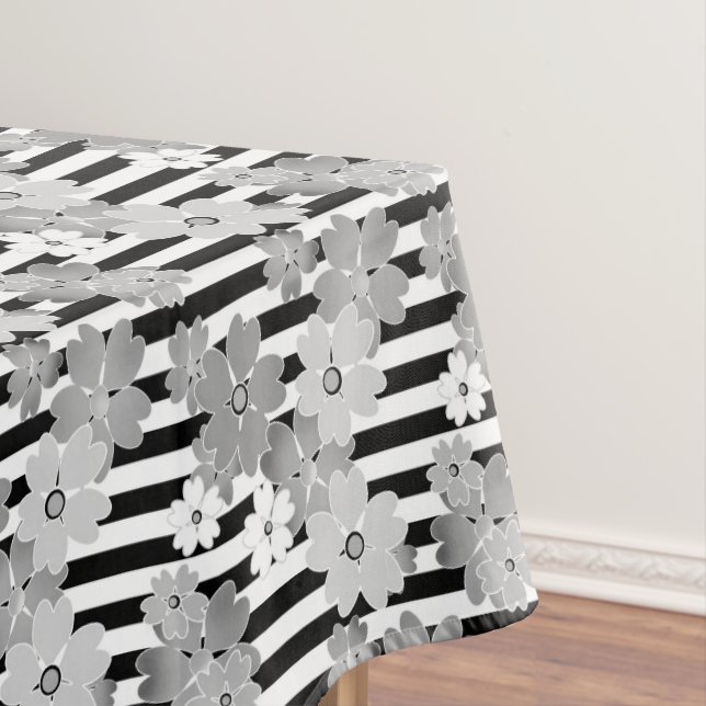 Floral pattern black and white retro striped tablecloth (In Situ)