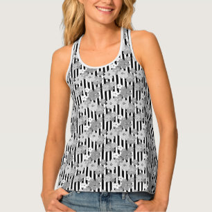 Floral pattern black and white retro striped tank top