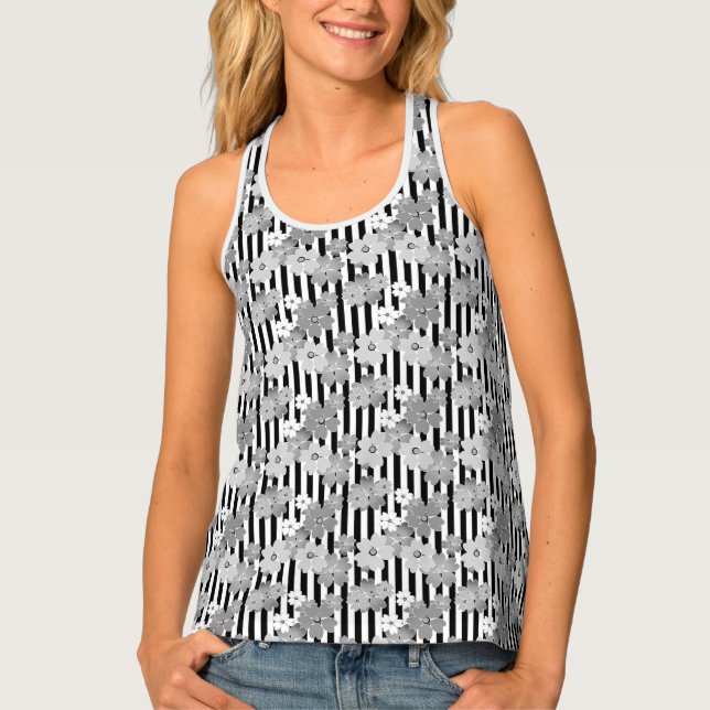 Floral pattern black and white retro striped tank top (Front)