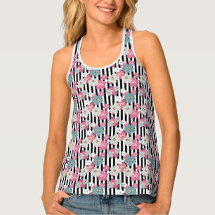 Floral pattern black and white retro striped tank top
