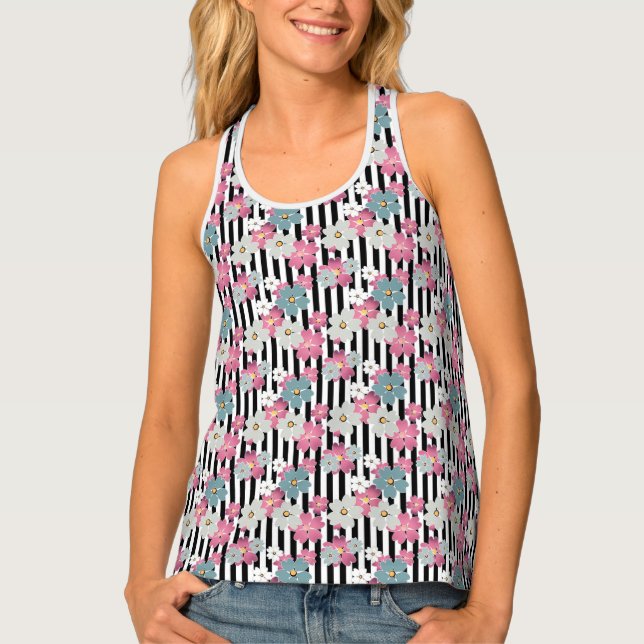 Floral pattern black and white retro striped tank top (Front)