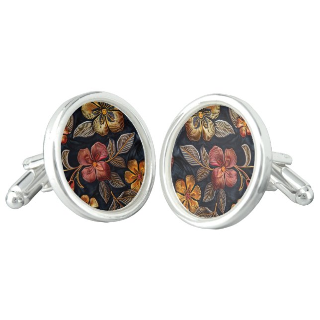 Floral Pattern Black Bold Fall Flowers Cufflinks (Angled)