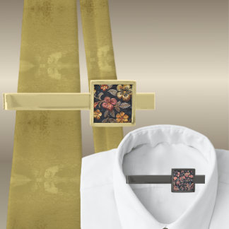 Floral Pattern Black Bold Fall Flowers Gold Finish Tie Bar