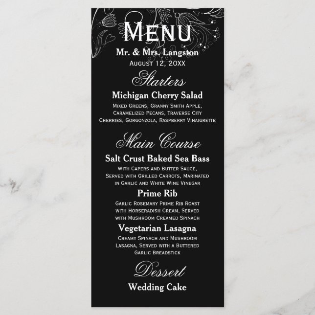 Floral Pattern Black/White Tulip - Reception Menu (Front)