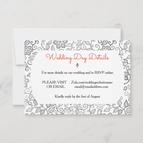 Floral Pattern Black  White _ Wedding Day Details RSVP Card