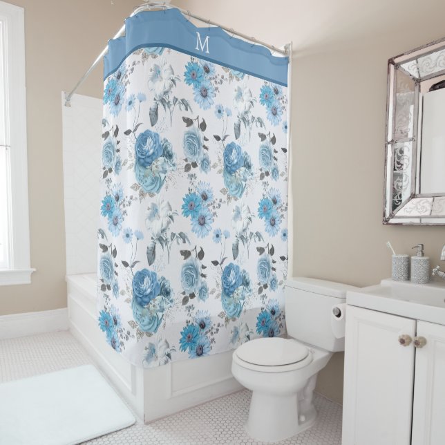 Floral Pattern Blue Border Monogram Shower Curtain (In Situ)