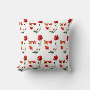 Floral Pattern Butterfly Red Poppy Throw Pillow