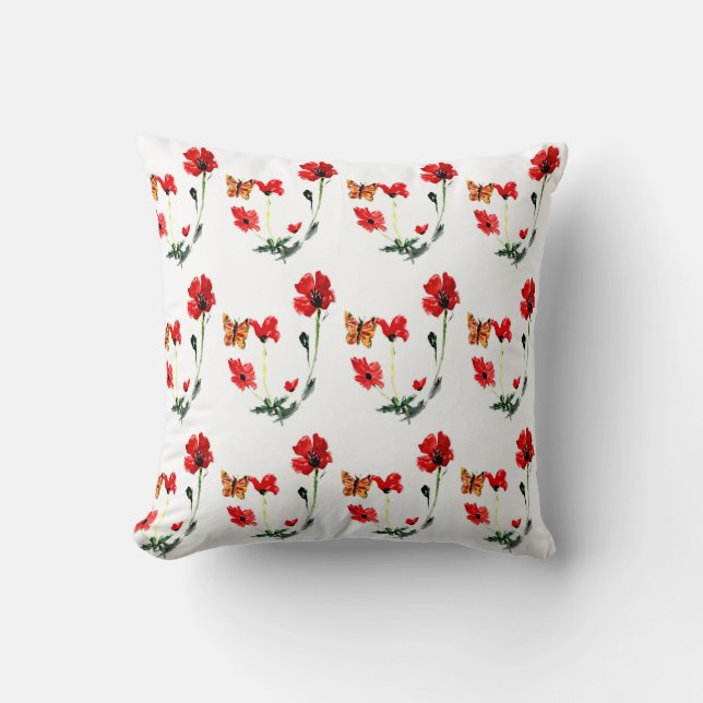 Floral Pattern Butterfly Red Poppy Throw Pillow (Front)