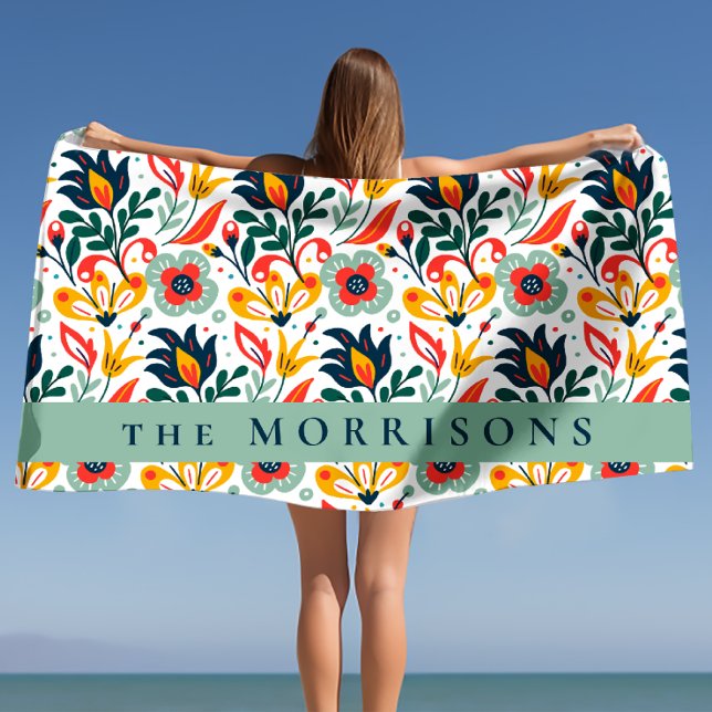 Floral Pattern Custom Personalized Last Name Beach Towel (Floral Pattern Custom Personalized Last Name Beach Towel)