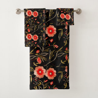 Floral Pattern Dark Background Pink Green red Bath Towel Set