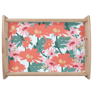 Floral Pattern Drawing Elegant Decorative Flowers Serving Tray