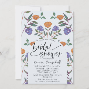 Floral Pattern Dusty Blue & Orange Bridal Shower Invitation