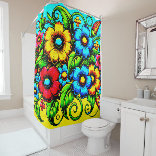 Floral Pattern Electric Color Bloom Shower Curtain