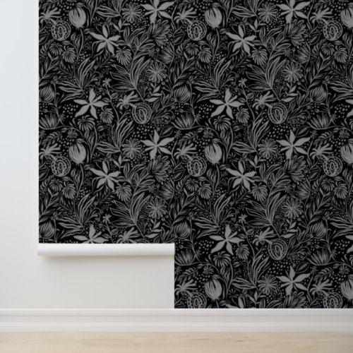 Floral Pattern Elegant Black Silver Watercolor Wallpaper