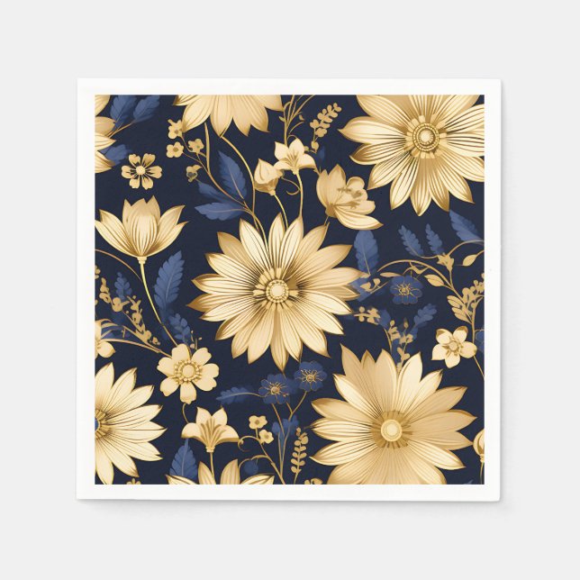 Floral Pattern Elegant Gold and Blue Napkins (Front)