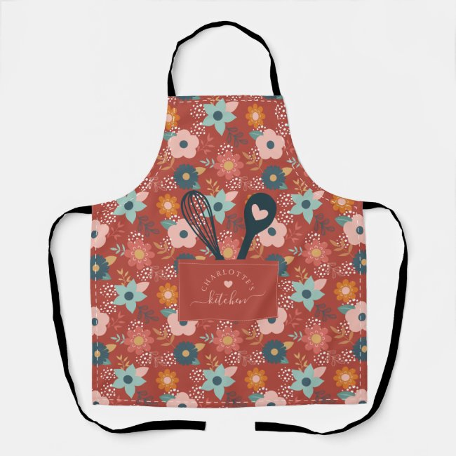 Floral Pattern Faux Stitched Pocket Spoon & Whisk Apron