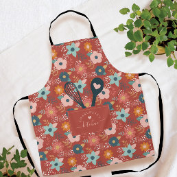 Floral Pattern Faux Stitched Pocket Spoon &amp; Whisk Apron