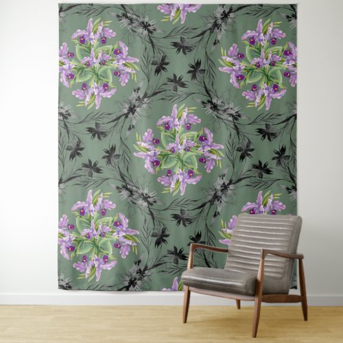 Floral Pattern Flowers Foliage Green Purple   Tapestry