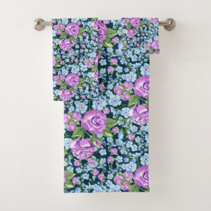 Floral Pattern Flowers in Full Bloom Blue Purple Bath Towel Set