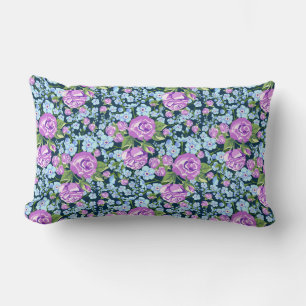 Floral Pattern Flowers in Full Bloom Blue Purple Lumbar Pillow