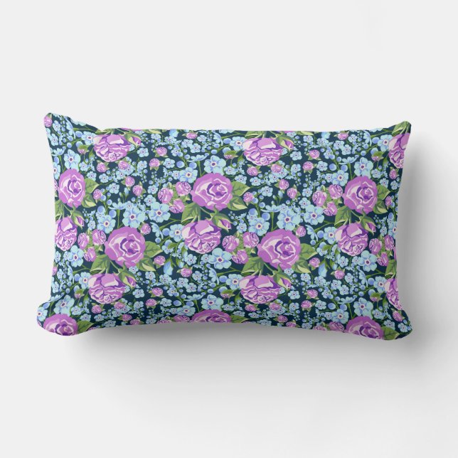 Floral Pattern Flowers in Full Bloom Blue Purple Lumbar Pillow (Front)