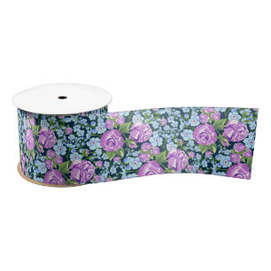 Floral Pattern Flowers in Full Bloom Blue Purple Satin Ribbon