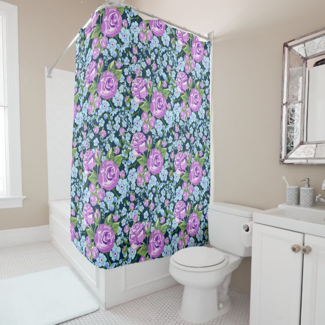 Floral Pattern Flowers in Full Bloom Blue Purple   Shower Curtain (In Situ)