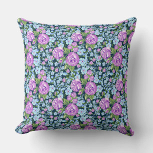 Floral Pattern Flowers in Full Bloom Blue Purple  Throw Pillow