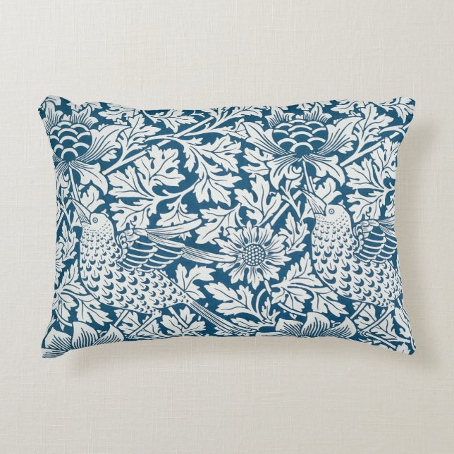 Floral Pattern Flowers Leaves Birds Blue Accent Pillow (Front)