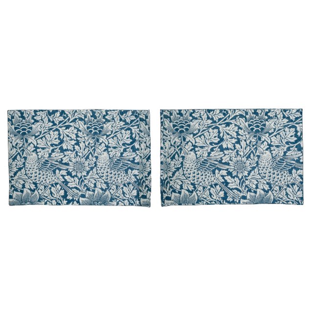 Floral Pattern Flowers Leaves Birds Blue Pillow Case (Front-Set)