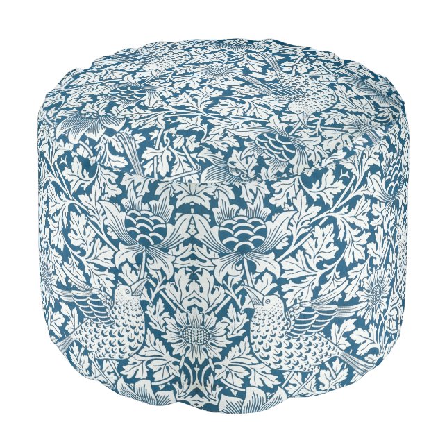 Floral Pattern Flowers Leaves Birds Blue Pouf (Angled Front)