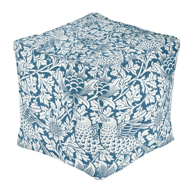 Floral Pattern Flowers Leaves Birds Blue Pouf (Angled Front)