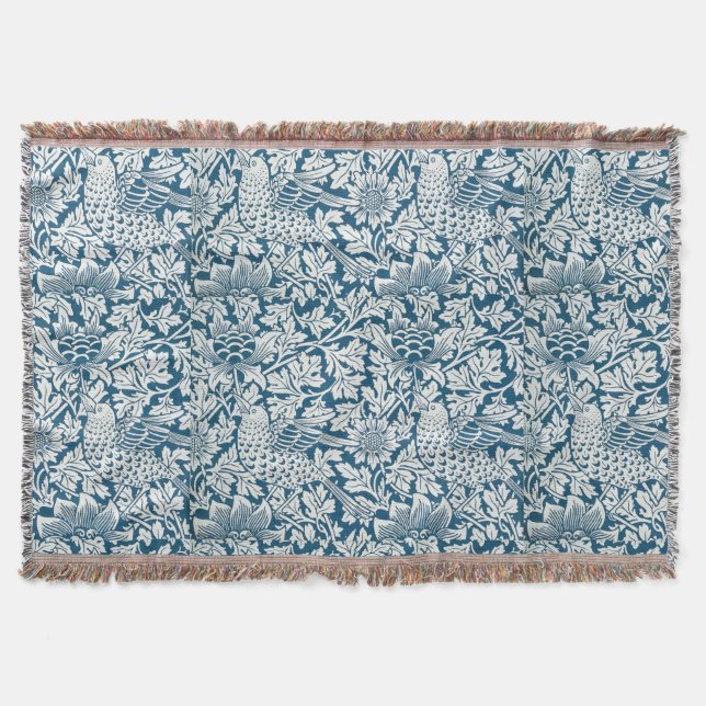 Floral Pattern Flowers Leaves Birds Blue Throw Blanket (Front)