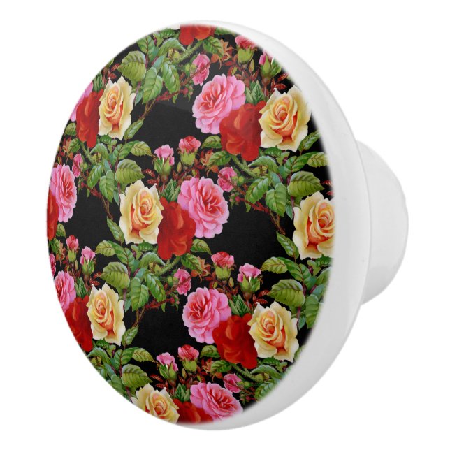 Floral Pattern Flowers Roses Red Pink Yellow Green Ceramic Knob (Right)