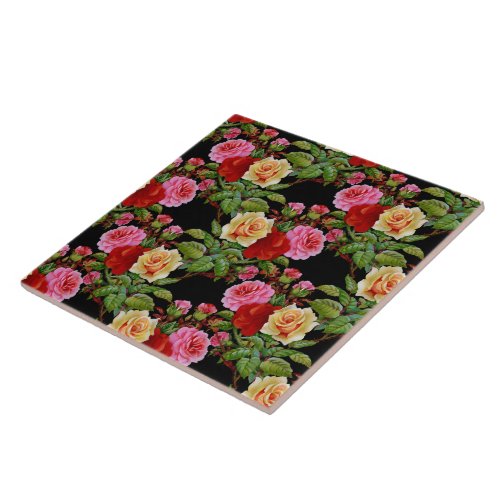 Floral Pattern Flowers Roses Red Pink Yellow Green Ceramic Tile