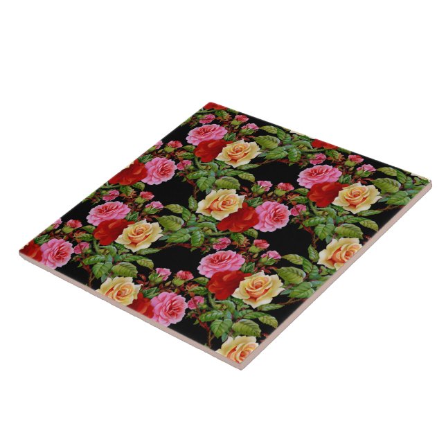 Floral Pattern Flowers Roses Red Pink Yellow Green Ceramic Tile (Side)