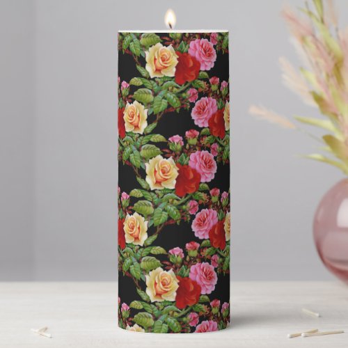 Floral Pattern Flowers Roses Red Pink Yellow Green Pillar Candle