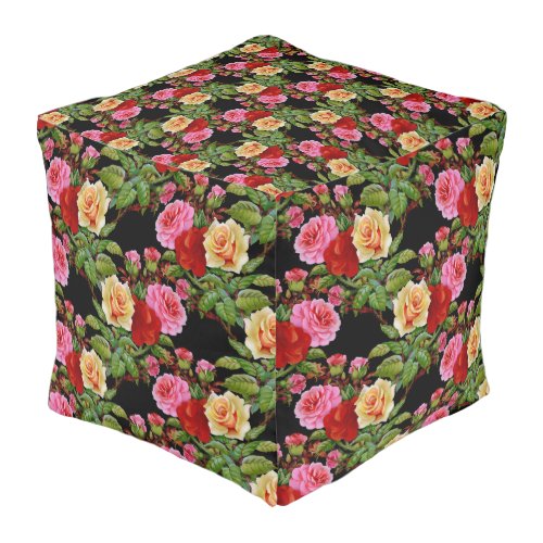 Floral Pattern Flowers Roses Red Pink Yellow Green Pouf