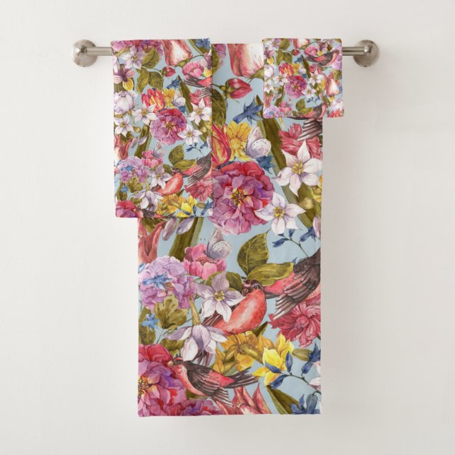 Floral Pattern Foliage Birds Butterflies Peony  Bath Towel Set (Insitu)