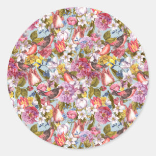 Floral Pattern Foliage Birds Butterflies Peony Classic Round Sticker