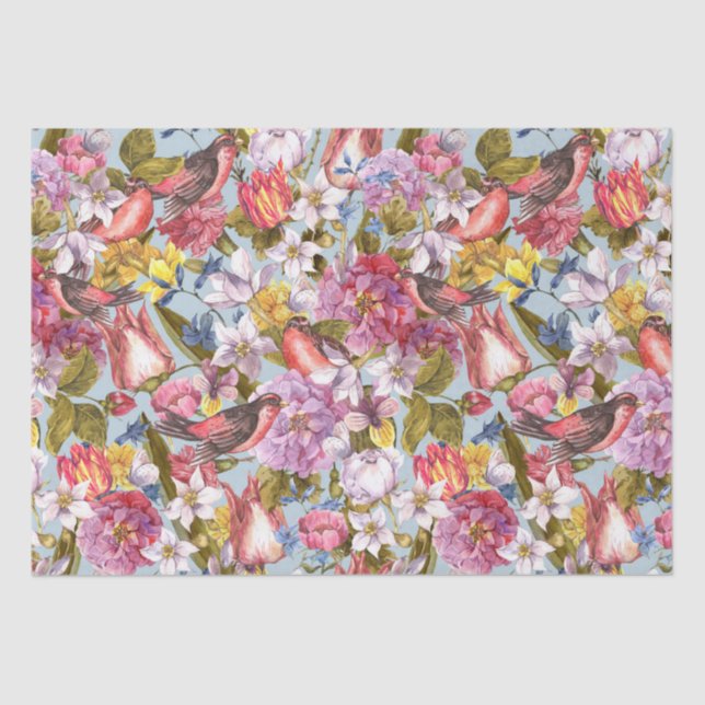 Floral Pattern Foliage Birds Butterflies Peony Tissue Paper (Front)