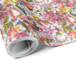 Floral Pattern Foliage Birds Butterflies Peony Wrapping Paper