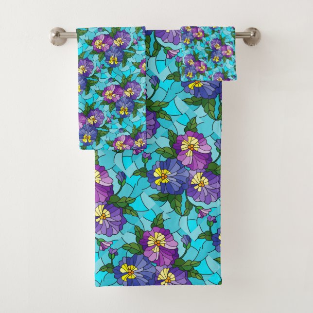 Floral Pattern Foliage Lavender Periwinkle Yellow  Bath Towel Set (Insitu)