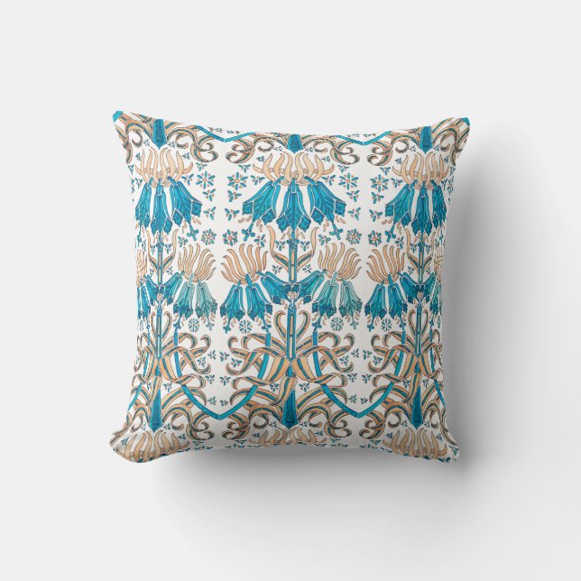 Floral Pattern French Art Nouveau Blue White Throw Pillow (Front)