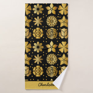 Floral pattern gold doodle rose personalized name bath towel