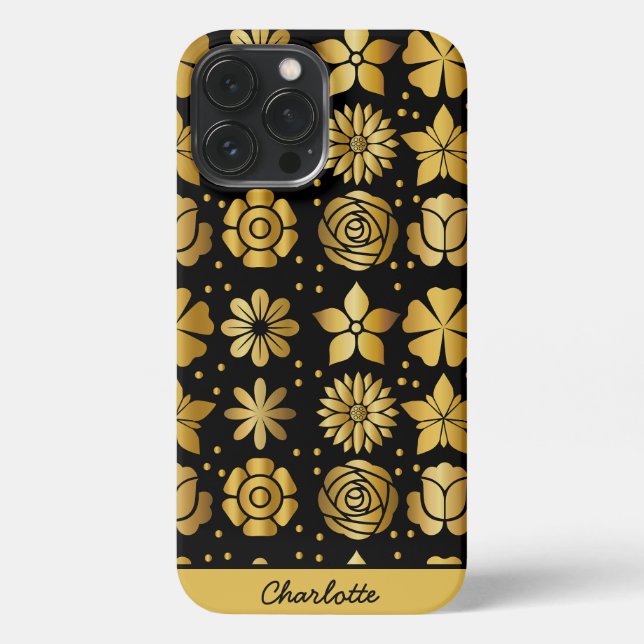 Floral pattern gold doodle rose personalized name iPhone case (Back)