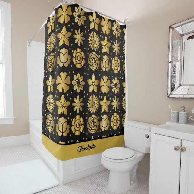 Floral pattern gold doodle rose personalized name  shower curtain (In Situ)